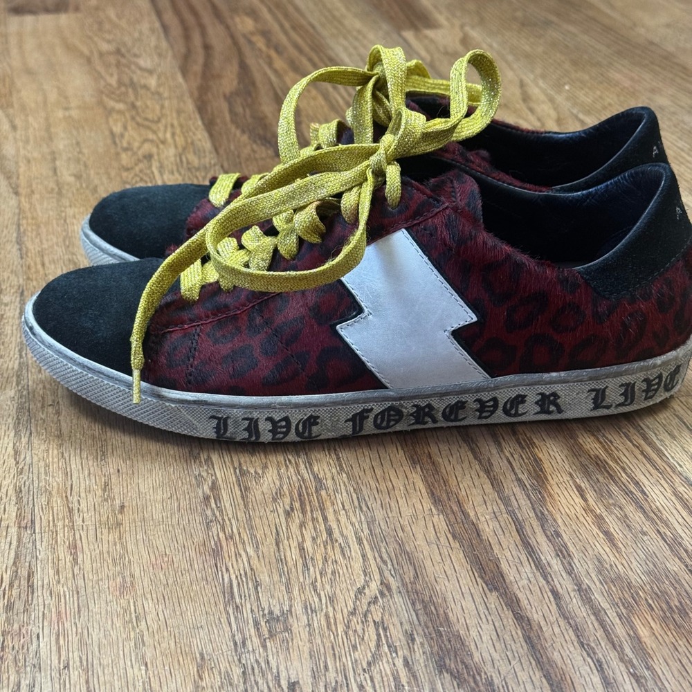 Amiri Sunset Leopard Pony Hair Sneakers Red Black Lightning Bolt Live Forever 38
